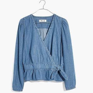 Madewell Denim Puff-Sleeve Peplum Wrap Top XL NWT